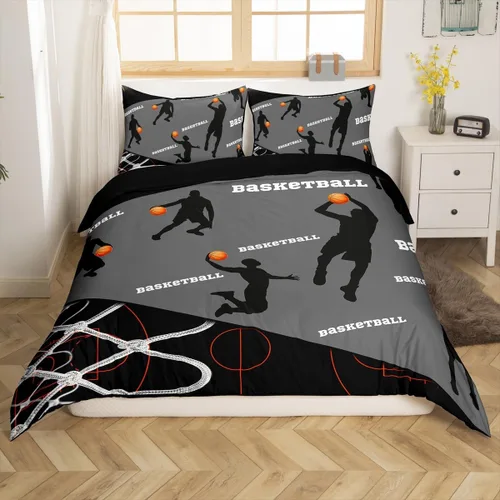 Miniatura 13 de Erosebridal Juego de funda de edredón deportiva tamaño individual, temática de baloncesto, azul y negro, 2 piezas