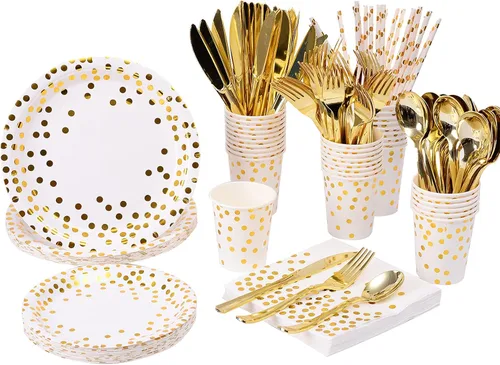 200 piezas de suministros para fiestas dorados - Platos de papel y servilletas dorados, cubiertos, tazas, sirve para 25 conjuntos para bodas, Punto