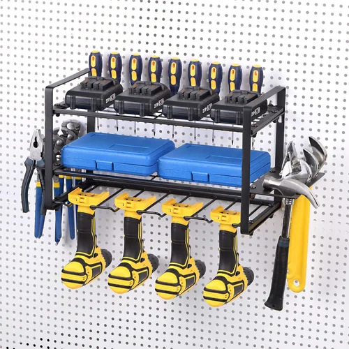 HARFINGTON Organizador de herramientas eléctricas, 3 capas, 4 estantes de almacenamiento de taladros, estilo de montaje en pared, estante de