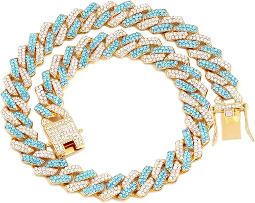 Miniatura 20 de Collar de cadena dorada para perro, collar cubano de diamantes para caminar, collar de cadena de metal con diseño de hebilla segura, collares