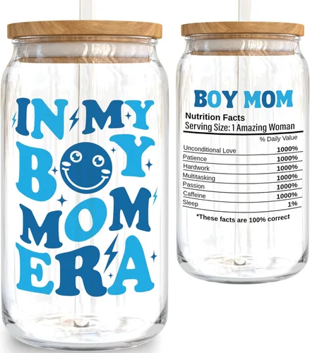 KLUBI Regalos para Mamá de Niño para Nueva Madre Esperando - In My Boy Mom Era Cup Vaso de Café Helado de 16oz con Tapa y Pajita - Regalos de Baby