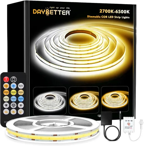 COB - Tira de luces LED, tira de luz COB blanca sintonizable de 2700K-6500K con control remoto RF, 3040 LED, CRI90+, adaptador de 24 V, luces LED