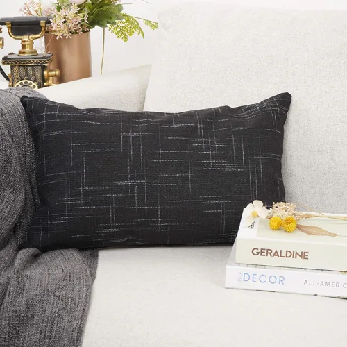 Miniatura 2 de YOUR SMILE - Funda de almohada decorativa oblonga de color sólido de algodón y lino, funda de cojín lumbar para sofá, cama, 30.5 x 50.8 cm, Negro