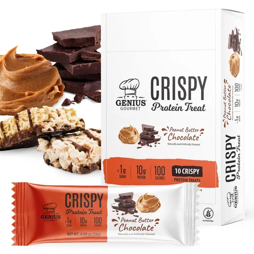 Genius Gourmet Golosina de proteína crujiente, mantequilla de maní de chocolate, aperitivo Keto, bajo en carbohidratos, bajo en azúcar y sin gluten,