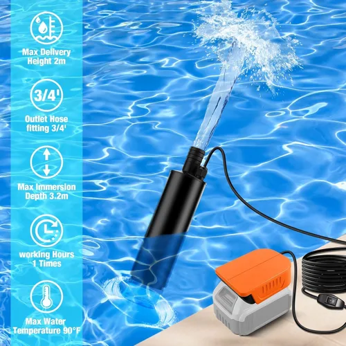 Miniatura 3 de Bomba de agua sumergible para batería Dewalt de 18 V, 20 V, 60 V, 635 GPH 100 W, inalámbrica, alimentada por batería, para tina, estanque, jardín