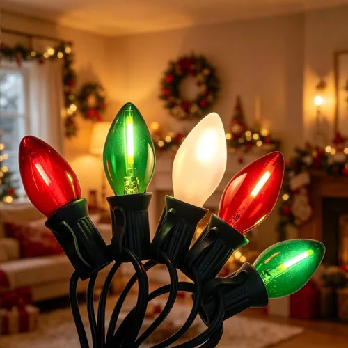 C7 Luces LED de Navidad rojas, blancas y verdes, 26 pies de cadena de luces de Navidad vintage para exteriores con 27 bombillas LED de colores,