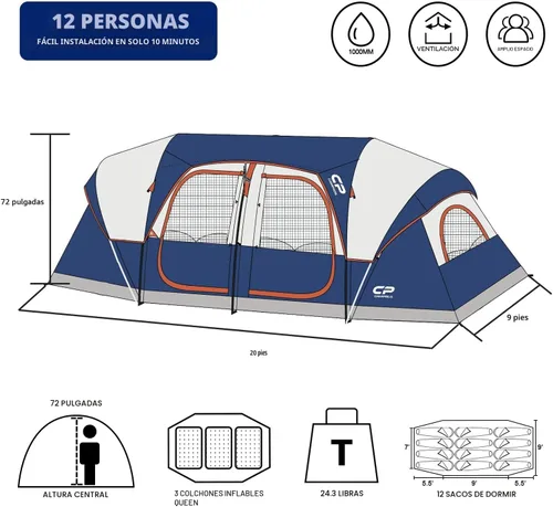 Miniatura 2 de CAMPROS CP Tienda de campaña para 12 personas, tiendas de campaña familiares de 3 habitaciones, tienda familiar impermeable y resistente al viento