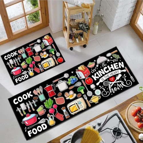 Miniatura 7 de Farmhouse Kitchen Rules Alfombra Juego de 2 Piezas, Decoración Rústica Negra Alfombras de Cocina, Tapetes de Piso Antideslizantes Absorbentes