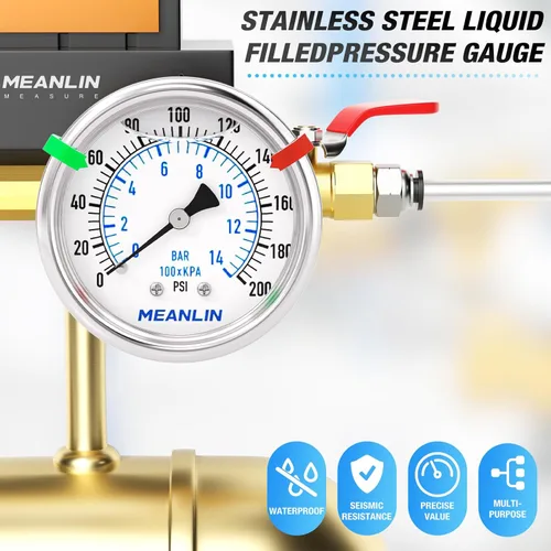 Miniatura 45 de MEANLIN MEASURE Medidor de presión de acero inoxidable relleno de líquido de 0 ~ 300 psi, esfera de cara NPT de 2 pulgadas para compresor de aire