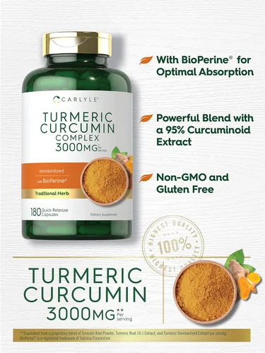 Miniatura 3 de Carlyle Suplemento de curcumina de cúrcuma 180 cápsulas con pimienta negra, curcuminoides y bioperina Sin OMG, sin gluten