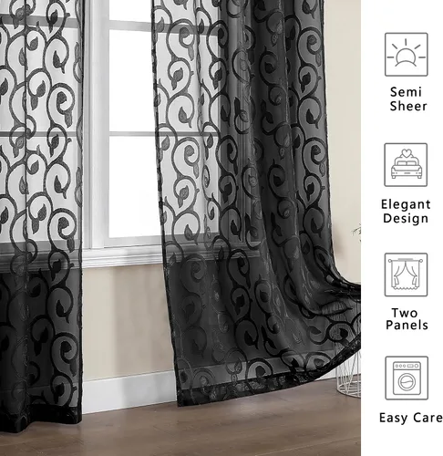 Miniatura 6 de OWENIE Furman - Juego de 2 paneles de cortinas traslúcidas negras de 24 pulgadas de largo, cortinas semitransparentes de jacquard ligeras y aireadas