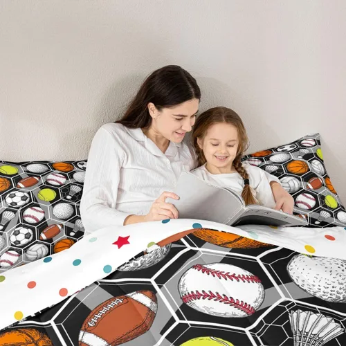 Miniatura 5 de Juego de ropa de cama de juegos de pelota, juego de edredón de baloncesto y fútbol, hexagonal, geométrico, deportivo, de plumón, béisbol, tenis