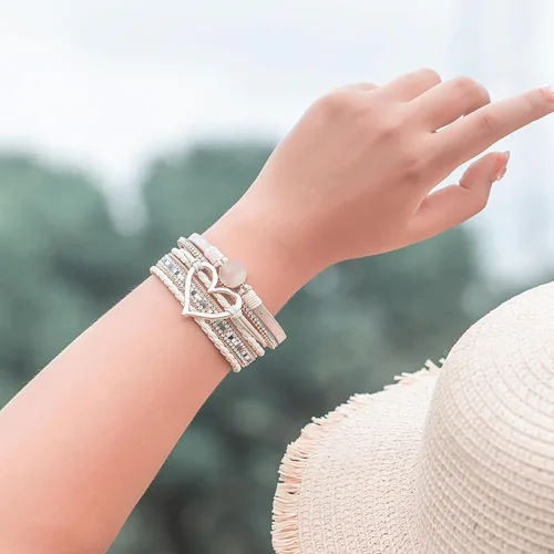 Miniatura 2 de FANCY SHINY Pulseras de cuero con forma de corazón, apilables, bohemias, pulseras de diamantes de imitación de resina de moda con cierre magnético