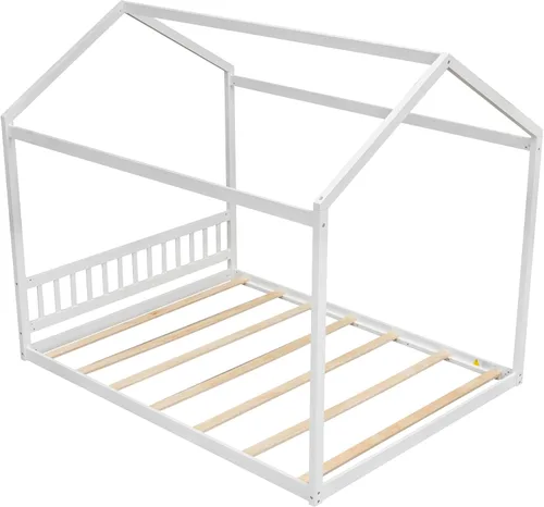 Miniatura 8 de MERITLINE Cama de casa tamaño Queen para niños, cama Montessori de madera con cabecero, techo y listones de soporte, marco de cama Queen para niños