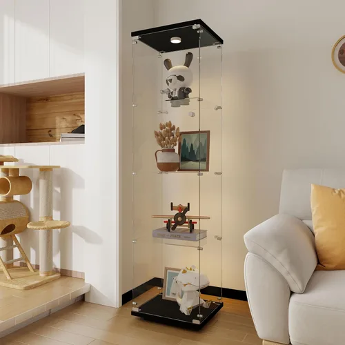 Miniatura 23 de Vitrina de cristal con 4 estantes con tira de luces LED y cerradura, vitrina de vitrina con ruedas y 1 puerta, vitrina de vidrio templado para sala
