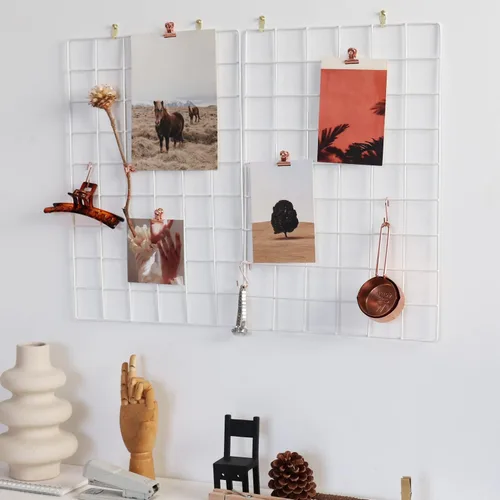 Miniatura 9 de Panel de rejilla de pared para exhibición de fotos, organizador de almacenamiento de pared, 5 clips de metal, 3 ganchos en S, 4 clavos, 4 hebillas