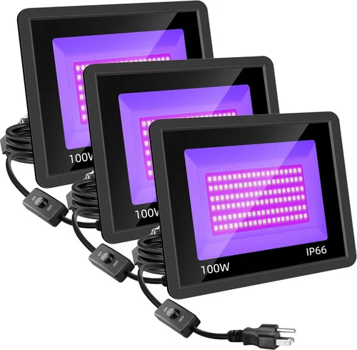 Paquete de 3 luces LED negras de 100 W, luces de inundación de luz negra con enchufe, luz de inundación negra impermeable IP66 para fiesta,