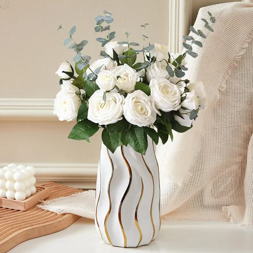 Miniatura 2 de Jarrón de cerámica blanca para decoración del hogar, jarrón decorativo para flores, jarrones de cerámica de rayas verticales para decoración