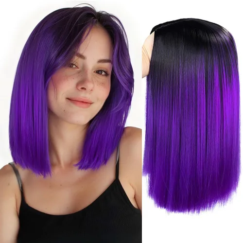 HANNE Peluca de color degradado de negro a morado, pelucas cortas estilo Bob, longitud al hombro, pelucas de cabello corto y lacio para mujeres,