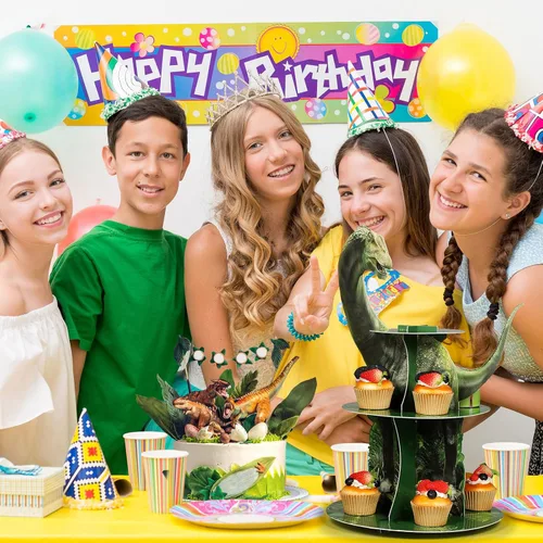 Miniatura 6 de Censen Soporte para cupcakes de dinosaurio de 3 niveles, decoraciones de fiesta con temática de dinosaurio, decoración de torre de postre