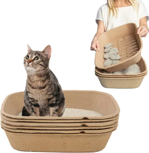 Miniatura 13 de Kitty Sift Caja de arena desechable para gatos, grande, 6 unidades, duradera y portátil para viajes y hogar, caja de arena desechable ecológica que