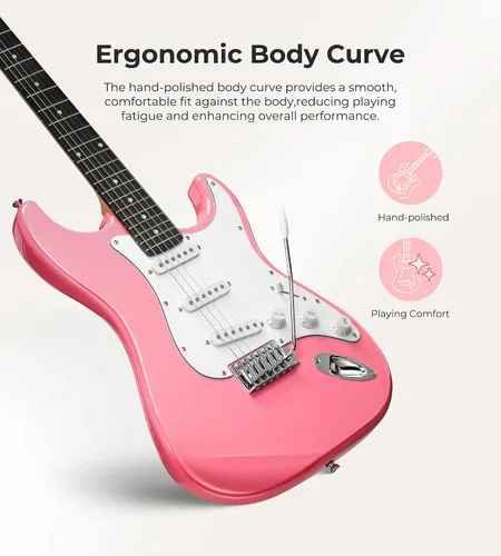 Miniatura 4 de Vangoa - Kit de guitarra eléctrica de tamaño completo de 39 pulgadas para principiantes, cuerpo sólido, color rosa, con pastillas SSS, amplificador