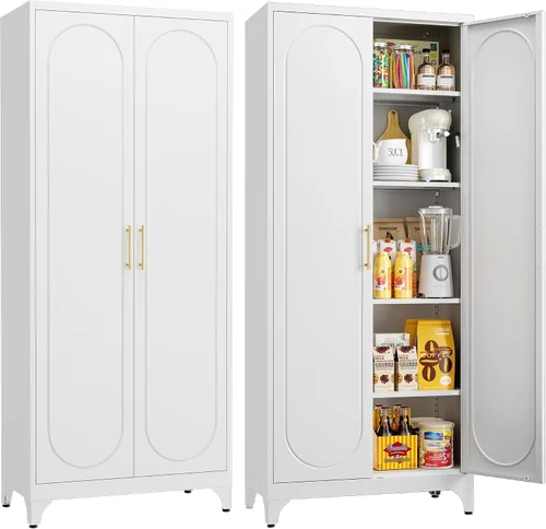 Miniatura 10 de Armario de almacenamiento de metal negro con puerta, armario de despensa de cocina con 3 estantes ajustables, armarios de almacenamiento de 60