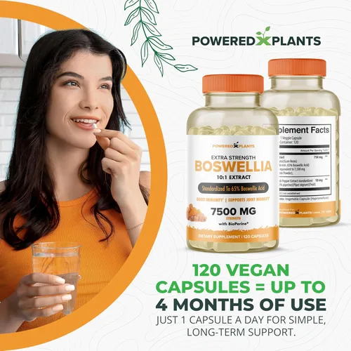 Miniatura 7 de Boswellia Serrata Suplemento de apoyo articular de Powered by Plants - 65% de ácidos boswélicos de alta potencia con bioperina - Apoya la inmunidad
