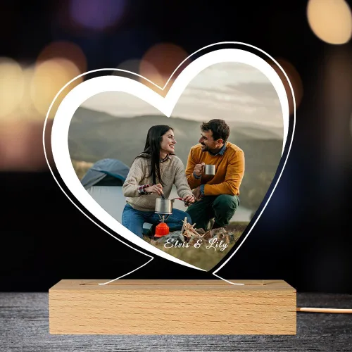 Miniatura 25 de Placa de fotos de acrílico LED personalizada, regalos de aniversario personalizados para parejas con nombres grabados, luz nocturna romántica
