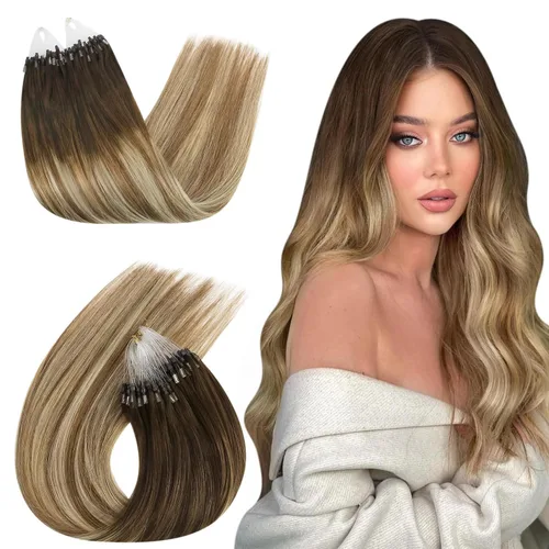 Miniatura 14 de Ugeat - Extensiones de cabello humano con microanillo, 14 pulgadas, extensiones de cabello Remy con microcuentas de 1 gm/hebra, 50 gms, extensiones