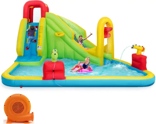 Miniatura 9 de HONEY JOY Tobogán acuático inflable, parque acuático inflable 7 en 1 para patio trasero de niños, piscina de chapoteo, pared de escalada, toboganes
