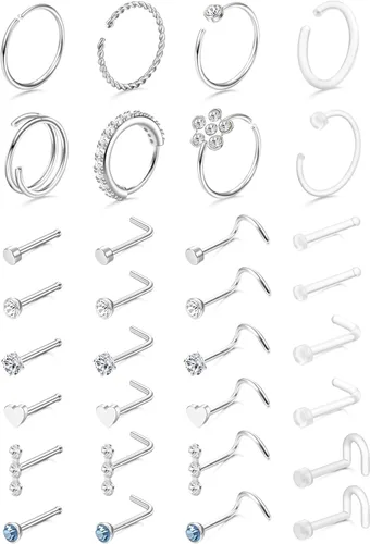 Miniatura 8 de THUNARAZ 32 anillos de nariz para mujeres y hombres – Retenedor de acero inoxidable quirúrgico hipoalergénico en forma de L transparente, recto