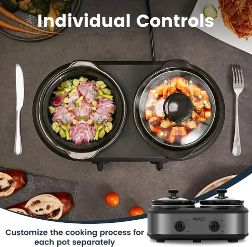 Miniatura 4 de KOOC Olla de cocción lenta doble pequeña, servidor de buffet y calentador, 2 ollas mini con 3 temperaturas ajustables individuales, ollas cerámicas