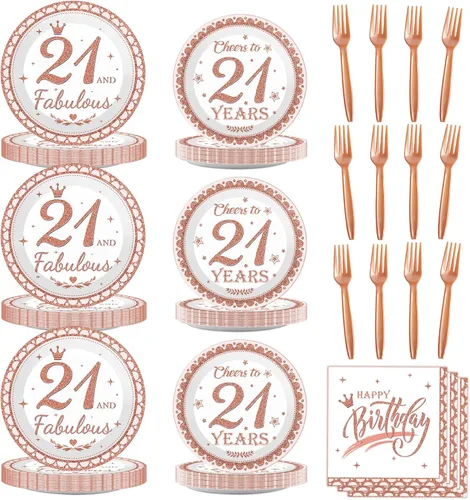Miniatura 8 de Decoraciones de cumpleaños 70 para mujer, platos y servilletas de feliz cumpleaños 70, suministros de fiesta de oro rosa, vajilla de 70 y fabulosa