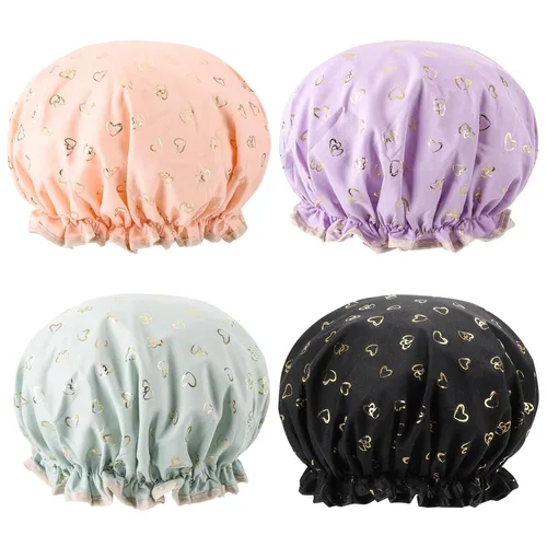 Miniatura 12 de 4 Piezas Gorros de Ducha para Mujeres y Niña, Gorro de Baño Reutilizable e Impermeable con Doble Capa Impermeable, Patrón de Pájaro y Corazón
