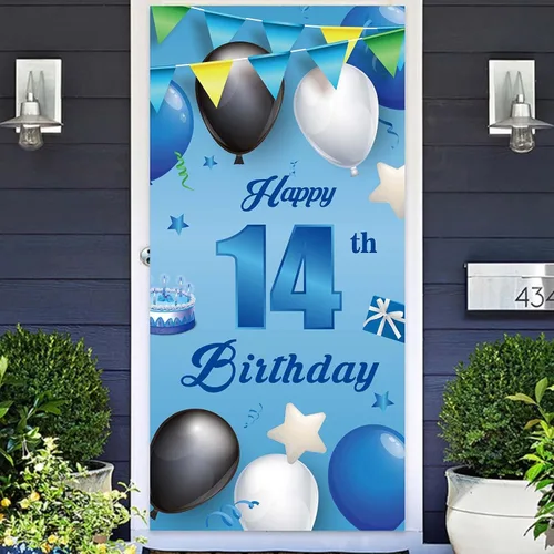 Miniatura 9 de Cartel azul de feliz cumpleaños número 11, globos de fondo de estrellas, confeti y saludos a los 11 años, decoración temática de puerta, porche