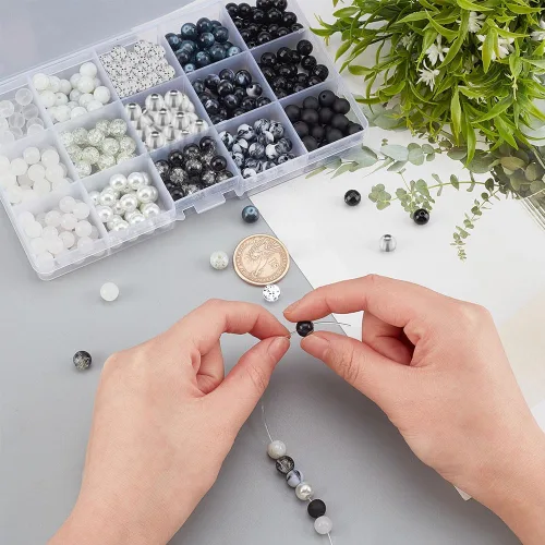 Miniatura 6 de PH PandaHall 450 cuentas de cristal de mármol de 0.315 pulgadas – 15 colores negro y blanco cuentas sueltas de acrílico opaco, espaciadores