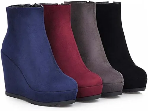 Miniatura 4 de Botines de tacón de cuña de moda para mujer, botines con cremallera y plataforma de cuero nobuk