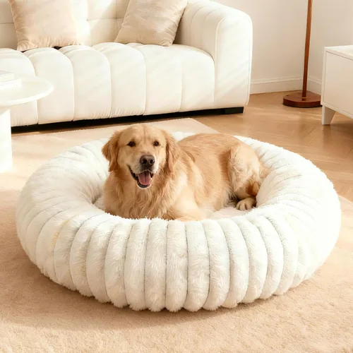 Miniatura 11 de Camas calmantes para perros grandes, cama para perros acolchonada de dona de piel sintética, almohada redonda y esponjosa, cama lavable para Marrón