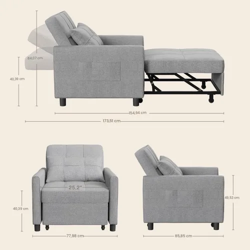 Miniatura 3 de Aiho Silla Cama Convertible, Sofá Cama 3 en 1 con Diseño Ajustable, Almohada y Bolsillo - Cama Extraíble para Apartamento, Gris Claro