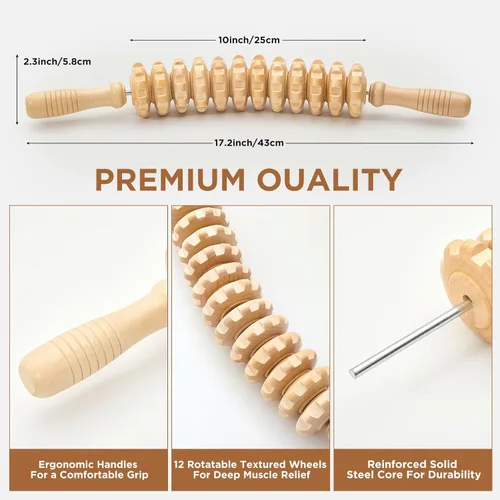 Miniatura 2 de Rodillo de masaje de madera para piernas y muslos, herramienta de mano para alivio muscular, drenaje linfático y escultura corporal, masajeador