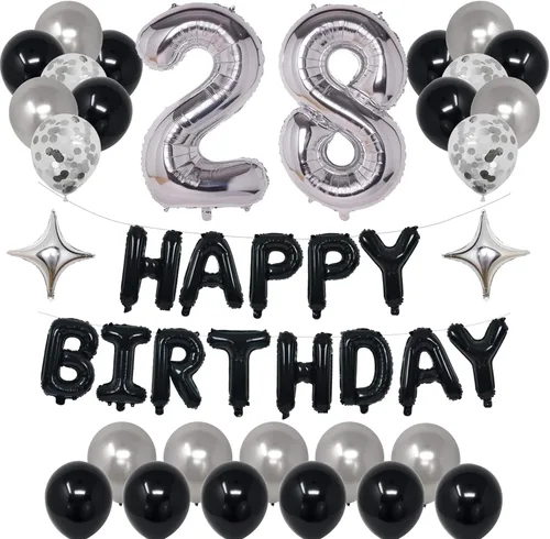 Miniatura 13 de Decoraciones de fiesta de cumpleaños color negro y plateado para niños y niñas, suministros de fiesta de cumpleaños número 14 con pancarta negra