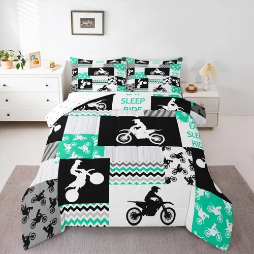Miniatura 18 de Feelyou Kids Green Dirt Bike Duvet Insert Twin Size, Extreme Sports Comforter Set Boys Girls Motorbike Bedding Set Teens Bedroom Decor Microfiber