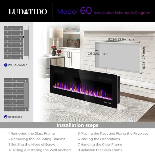 Miniatura 4 de Ludatido Chimenea eléctrica de 60 pulgadas montada en la pared/empotrada, inserto de chimenea eléctrica con 5100BTU para habitación de 410 pies Negro