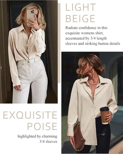 Miniatura 60 de Odosalii - Camisas con botones para mujer, con cuello en V, manga larga, enrolladas, blusas elegantes y formales para negocios y ocasiones casuales