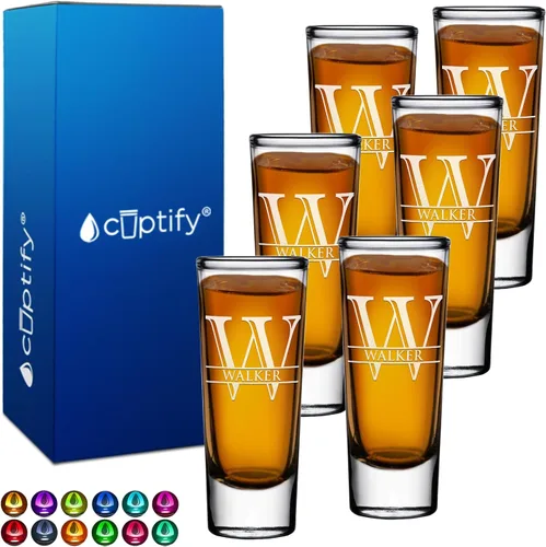 Miniatura 89 de Vaso de chupito personalizado con fondo verde azulado personalizado de 2 oz, vasos de chupito cordial con inicial en script dividido y nombre