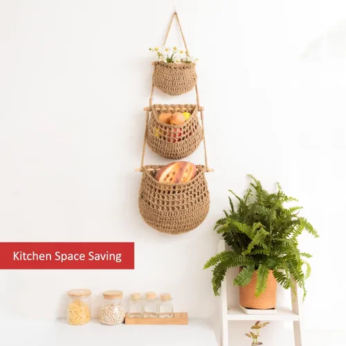 Miniatura 5 de Cesta colgante de frutas, cesta colgante de pared de yute tejida de 3 niveles para organizar, cesta colgante de productos para almacenamiento