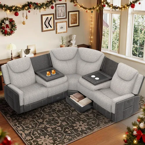 Miniatura 15 de Dresegmt Sofá reclinable, 2 vías multifunción manual de 3 plazas con portavasos, almacenamiento y puertos USB, moderno sofá multifuncional, sofá