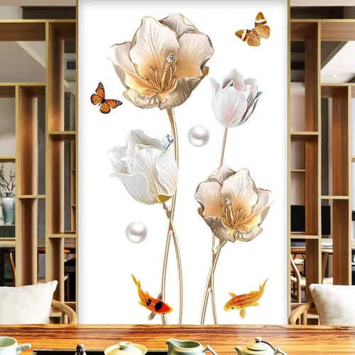 Miniatura 5 de Calcomanías de pared florales de flor de loto, calcomanías de pared de tulipán para sala de estar, decoración de pared extraíble para el hogar
