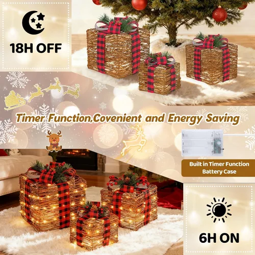 Miniatura 4 de LAWOHO - Juego de tres cajas de regalo de iluminación navideña de tres piezas de 31 cm, cajas de regalo LED operadas por batería y USB con imitación